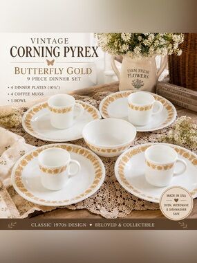 Vintage Corning Pyrex Butterfly Gold 9 Pc Dinner Set 10¼” Plates Cups Bowl